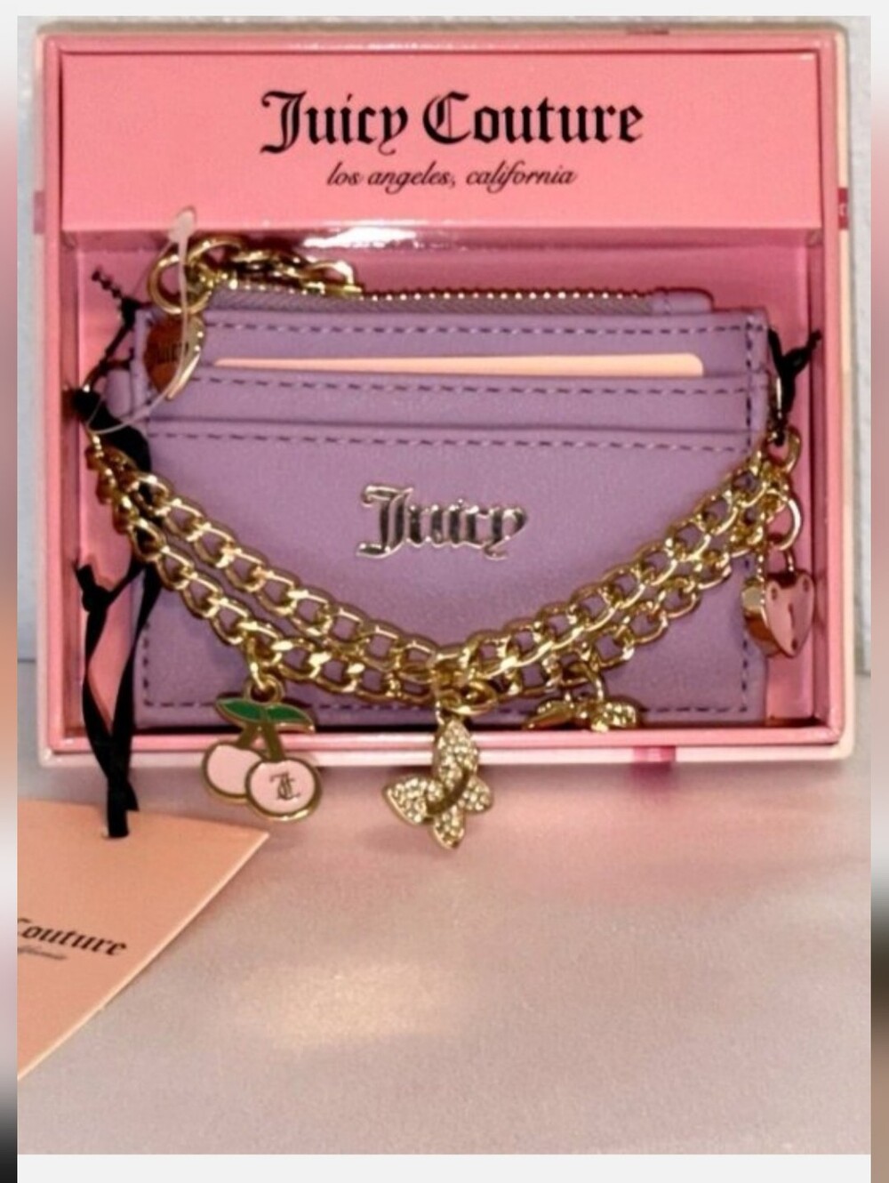 2FER Juicy Couture Pink Tote AND Lilac Card Holder With Gold-Tone Chain Charm - Picture 4 of 4